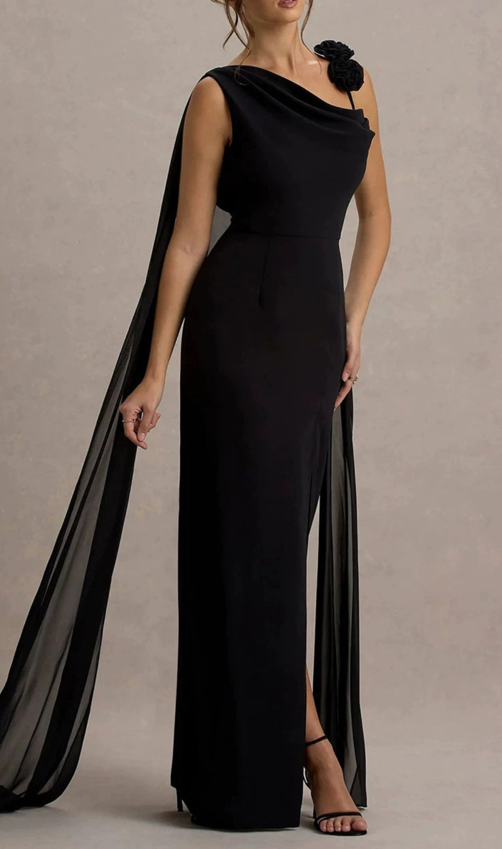 Ivette Black One-Shoulder Draped Maxi Gown with Floral Embellishment