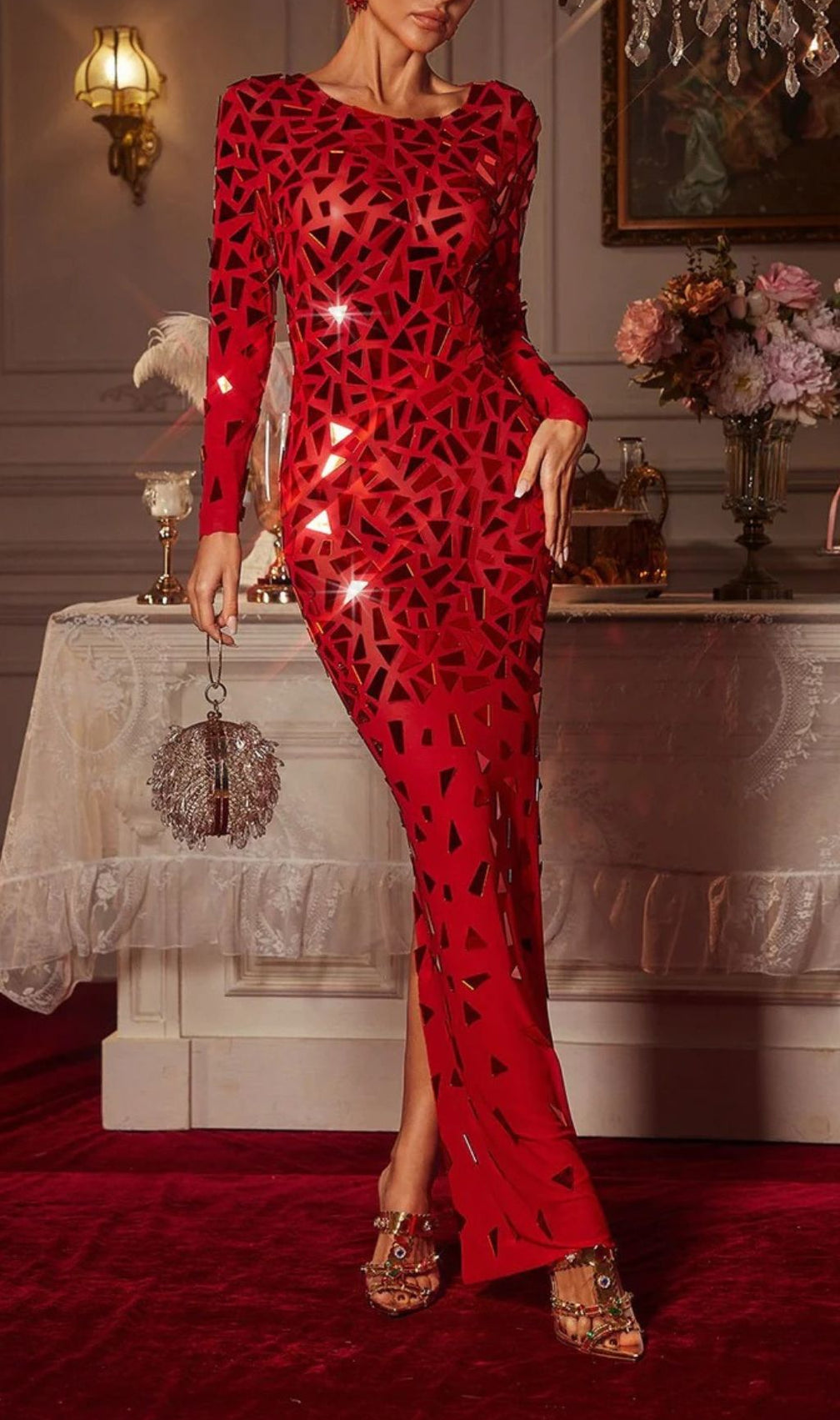 Guthrie Dazzling Geometric Sequin Long Sleeve Maxi Dress - Red Carpet Glamour