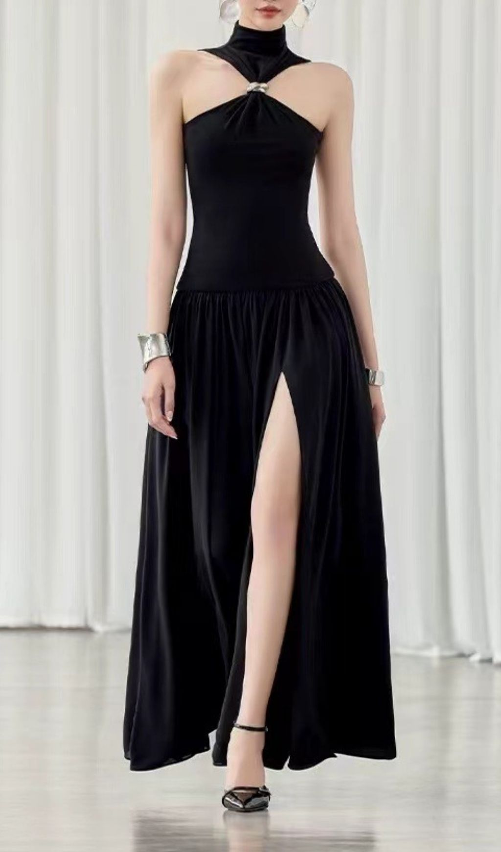 Glamorous Kelley Black Halter Maxi Dress | Daring Slit Evening Gown for Women