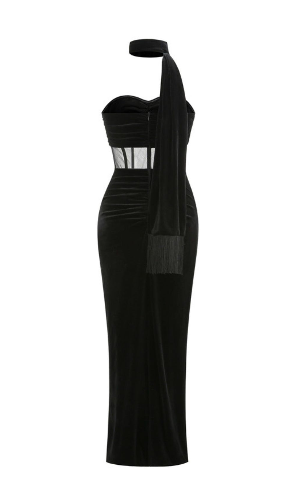 Kahlani Black Velvet Corset Maxi Gown | Strapless High-Slit Dress