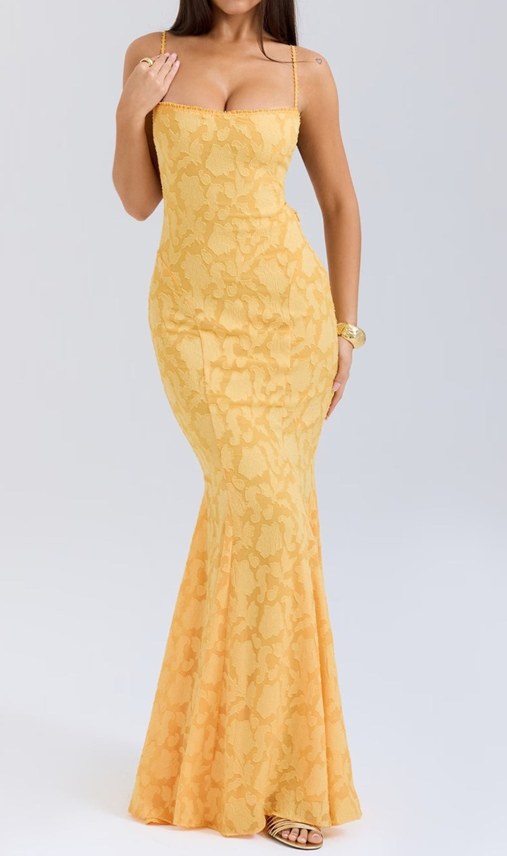 Cili Yellow Lace-Up Fishtail Maxi Dress