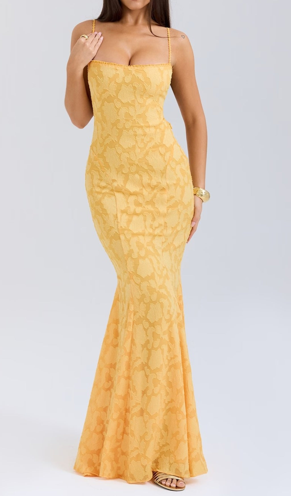 Cili Yellow Lace-Up Fishtail Maxi Dress