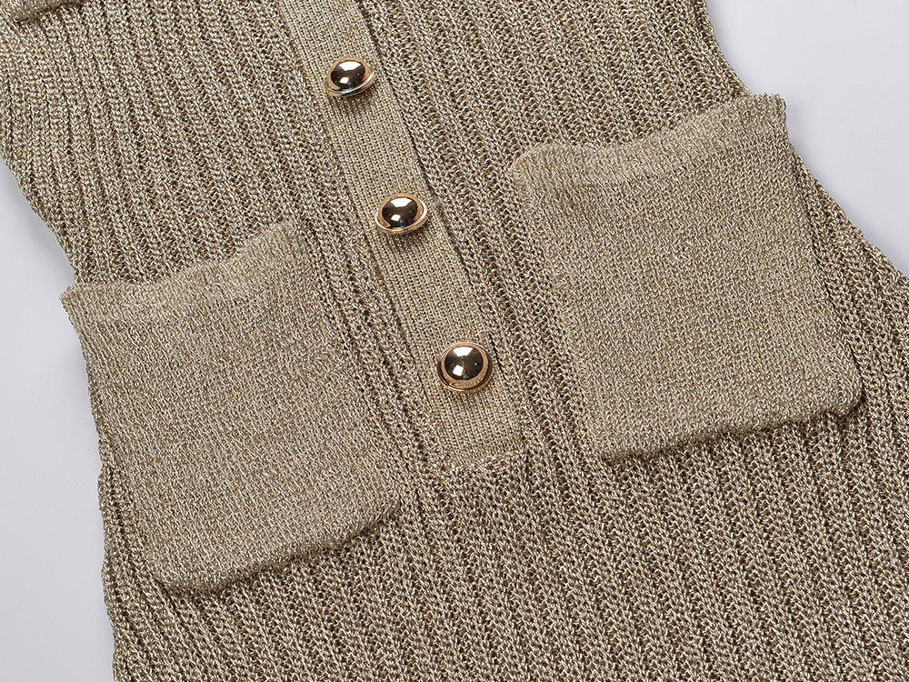 Shimmering Metallic Knit Mini Dress | V-Neck, Pockets & Ruffle Hem