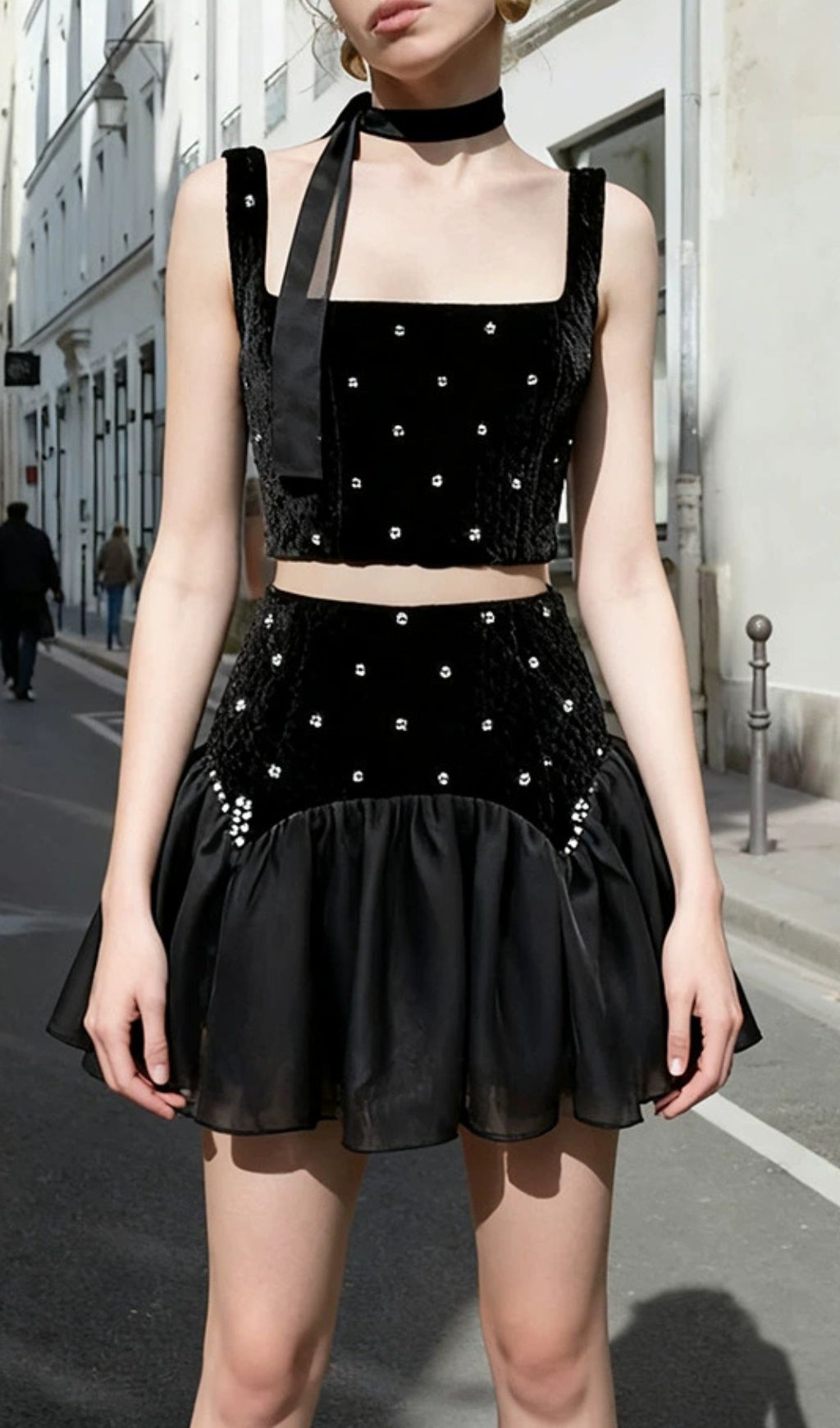 Isabell Black Embellished Velvet Crop Top & Ruffled Skirt Set - Party Ready