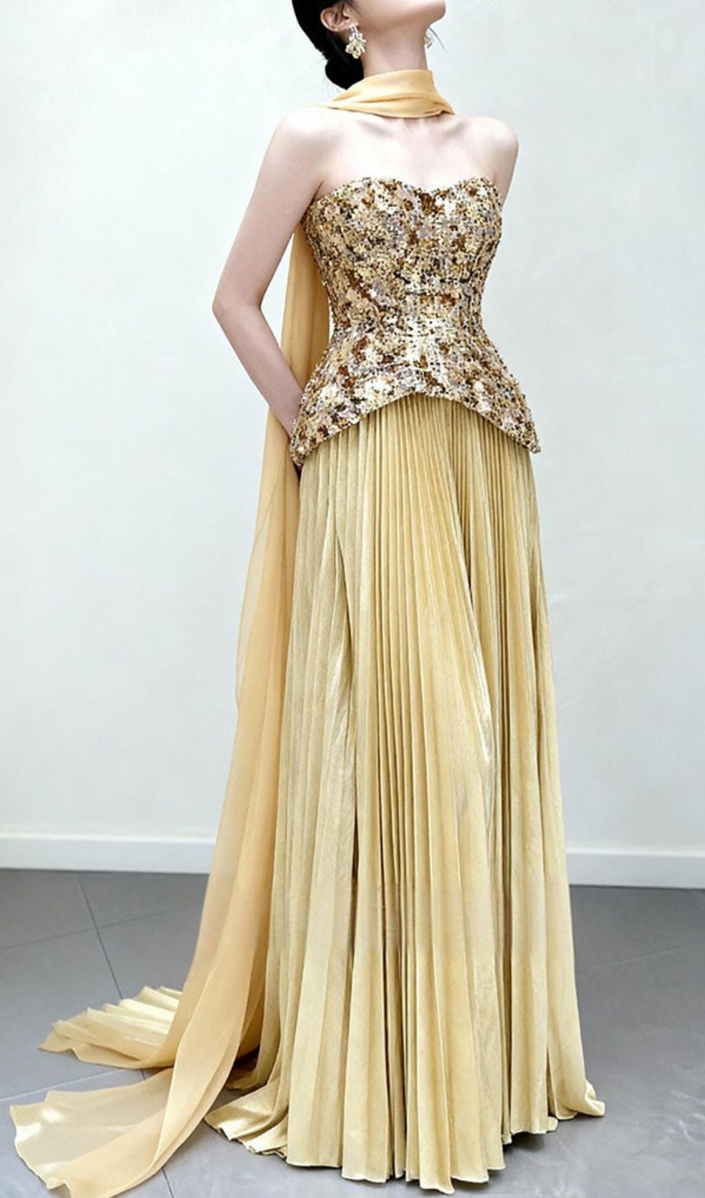 Kriti Gold Strapless Pleated Maxi Dress