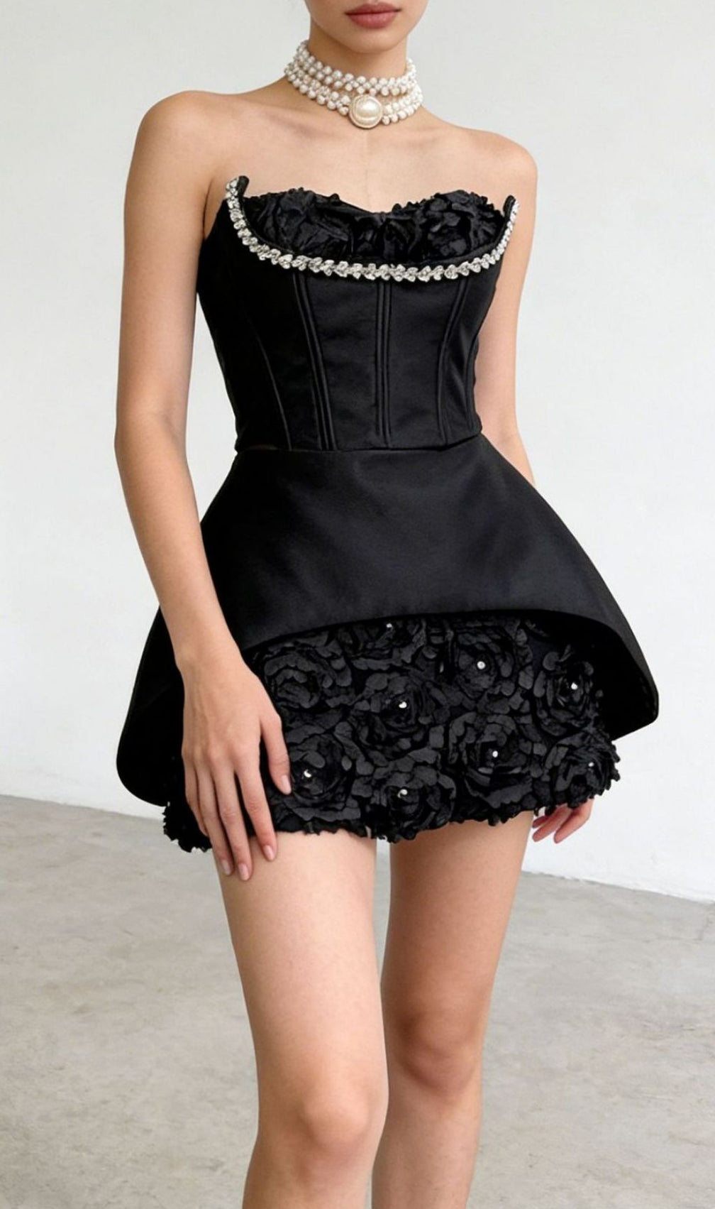Kesley Strapless Black Floral Corset Mini Dress | Elegant Party & Cocktail Attire