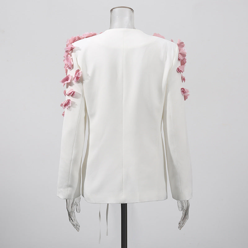 Feo White Flower Embellished Blazer & Midi Skirt