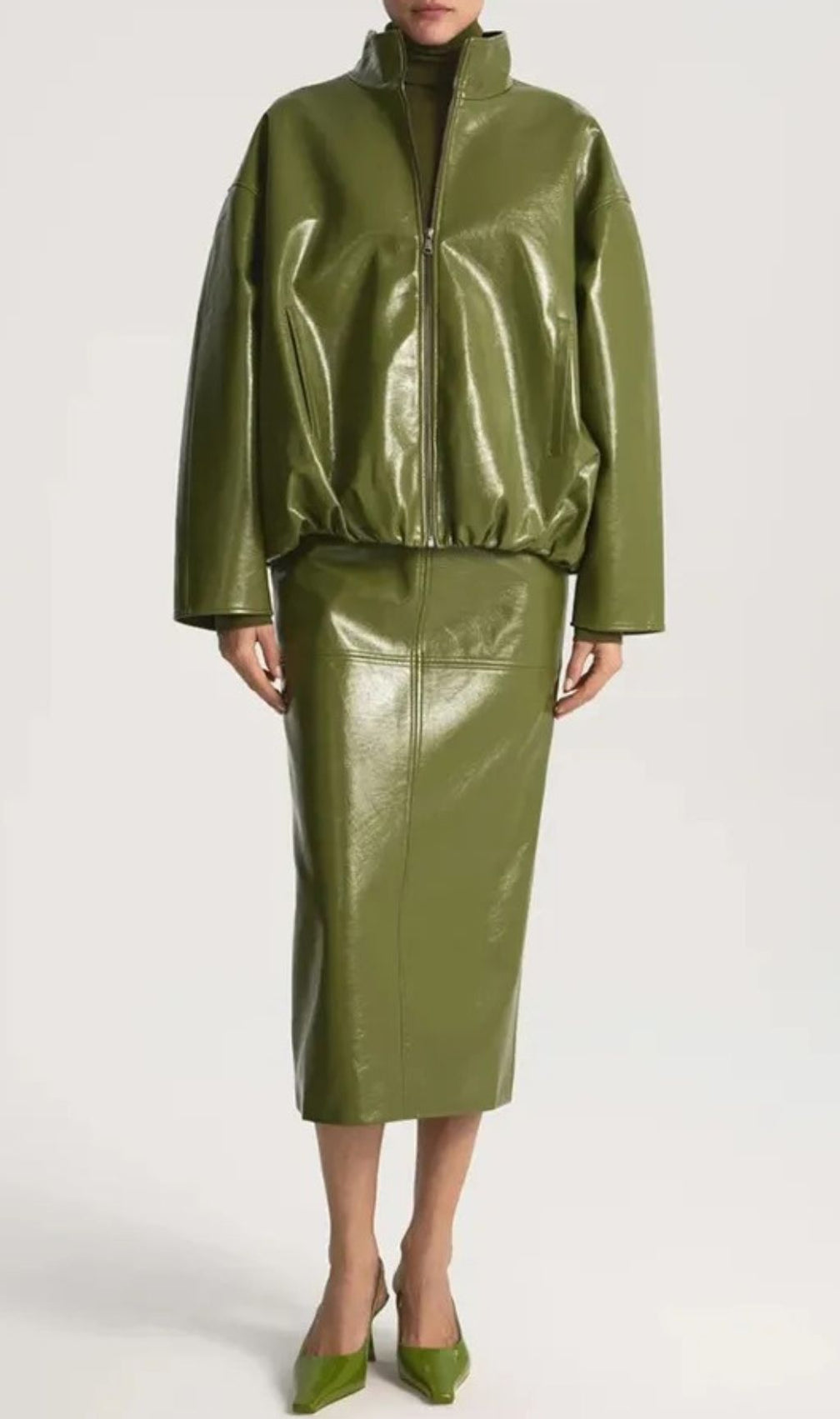 Jehan Glossy PU Leather Bomber Jacket & Midi Skirt Set - Chic Olive Green Co-ord