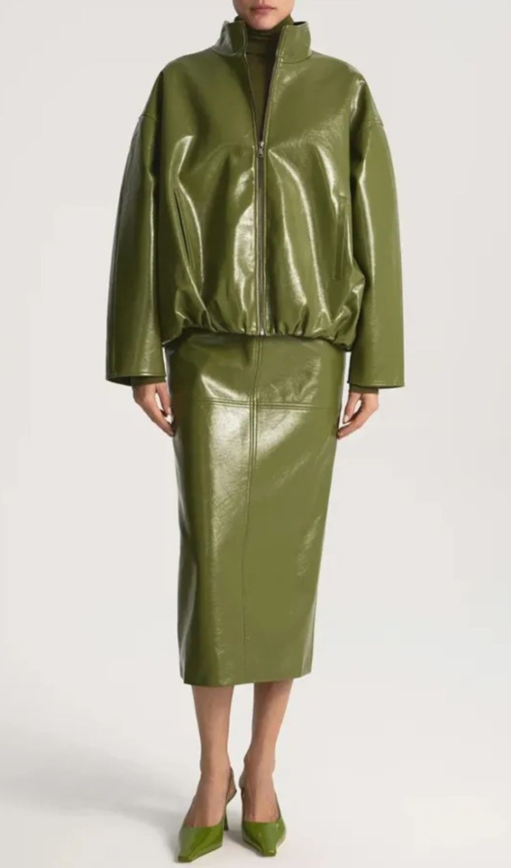 Jehan Glossy PU Leather Bomber Jacket & Midi Skirt Set - Chic Olive Green Co-ord
