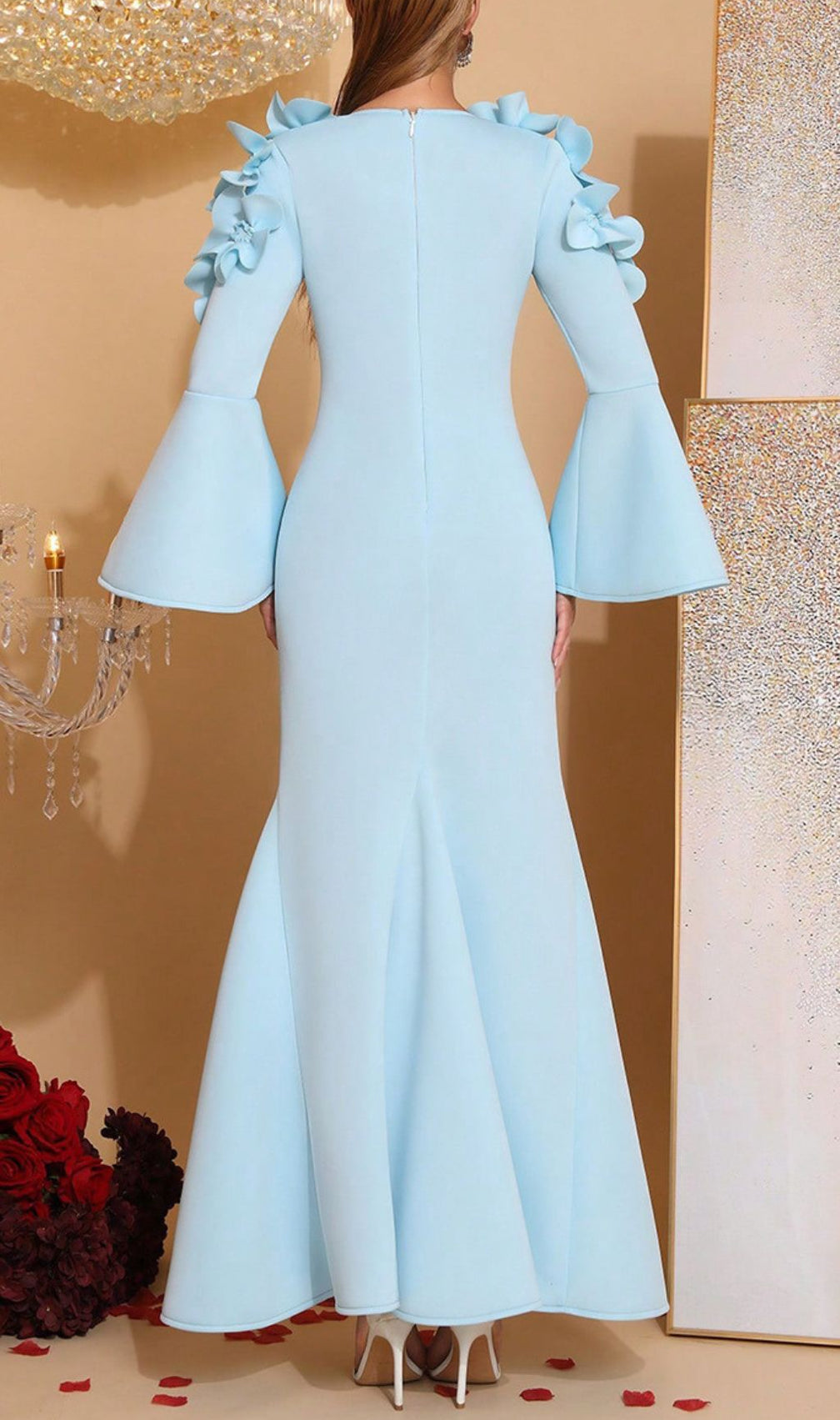 Hatice Blue Floral Bell Sleeve Maxi Gown - Elegant Square Neck Formal Dress