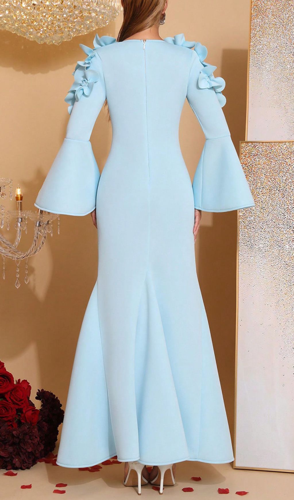 Hatice Blue Floral Bell Sleeve Maxi Gown - Elegant Square Neck Formal Dress