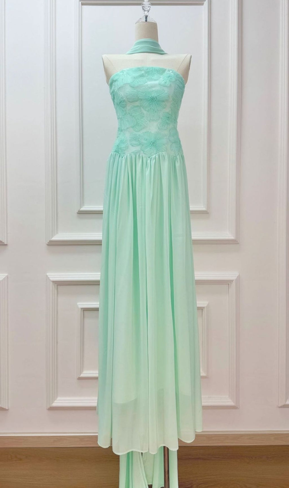 Kenley Ethereal Sage Green Strapless Floral Maxi Gown - Perfect for Weddings & Prom
