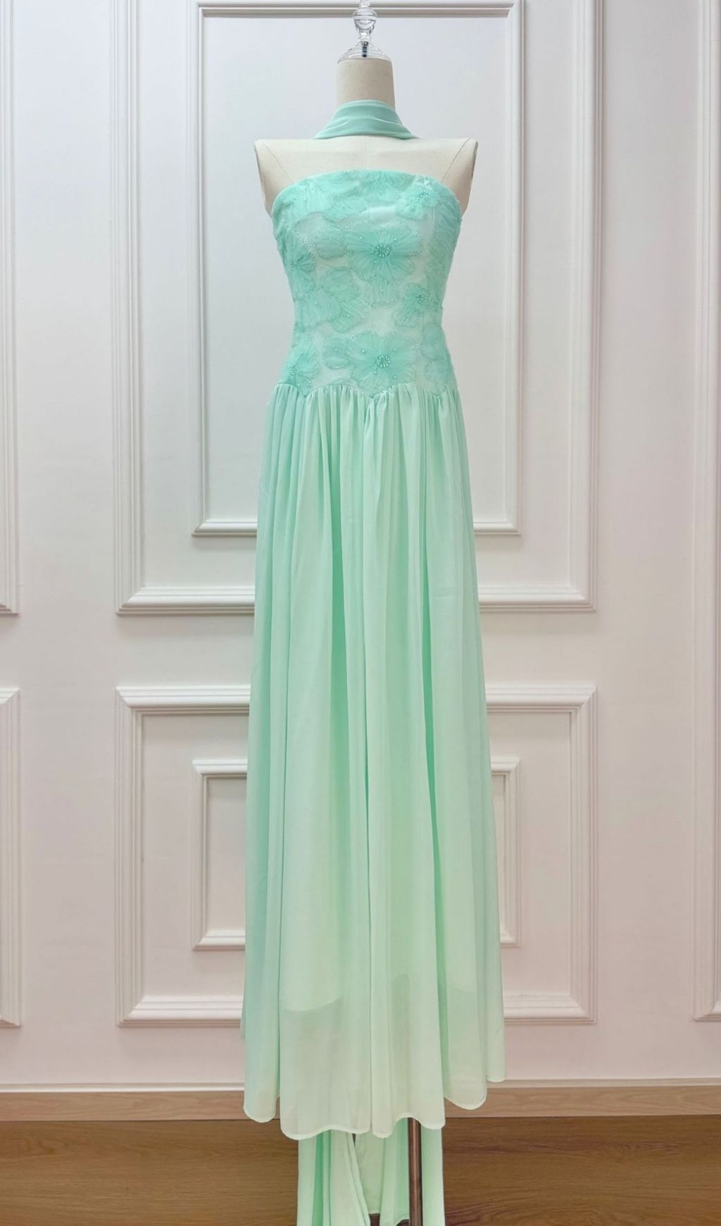 Kenley Ethereal Sage Green Strapless Floral Maxi Gown - Perfect for Weddings & Prom