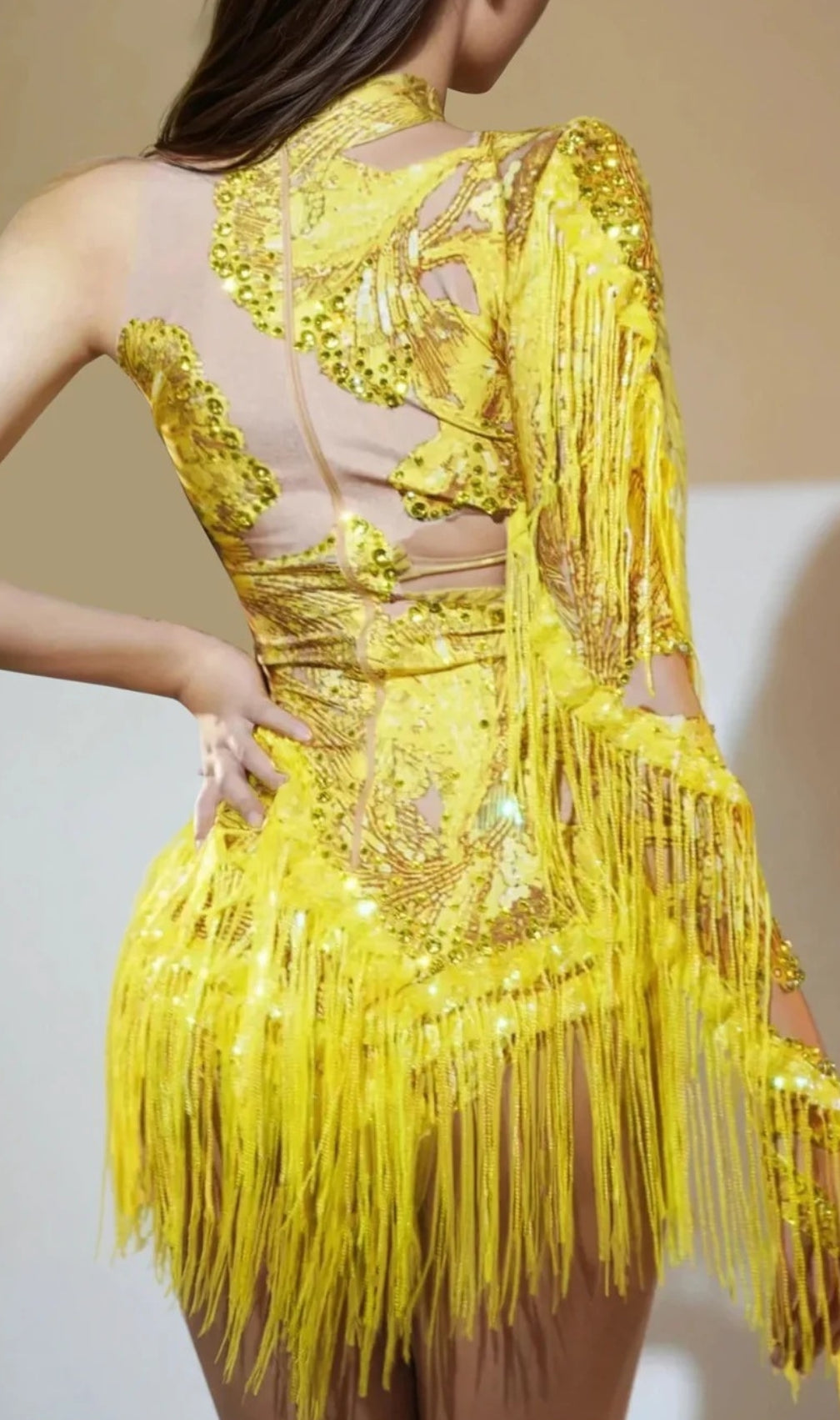 Shatora One Shoulder Rhinestone Fringe Bodysuit In Yellow