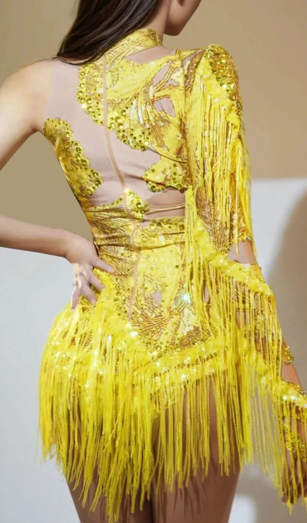 Shatora One Shoulder Rhinestone Fringe Bodysuit In Yellow