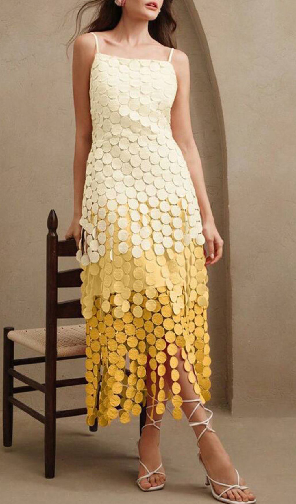 Vibrant Ham Ombre Yellow Layered Circle Midi Dress | Strappy & Chic for Special Occasions