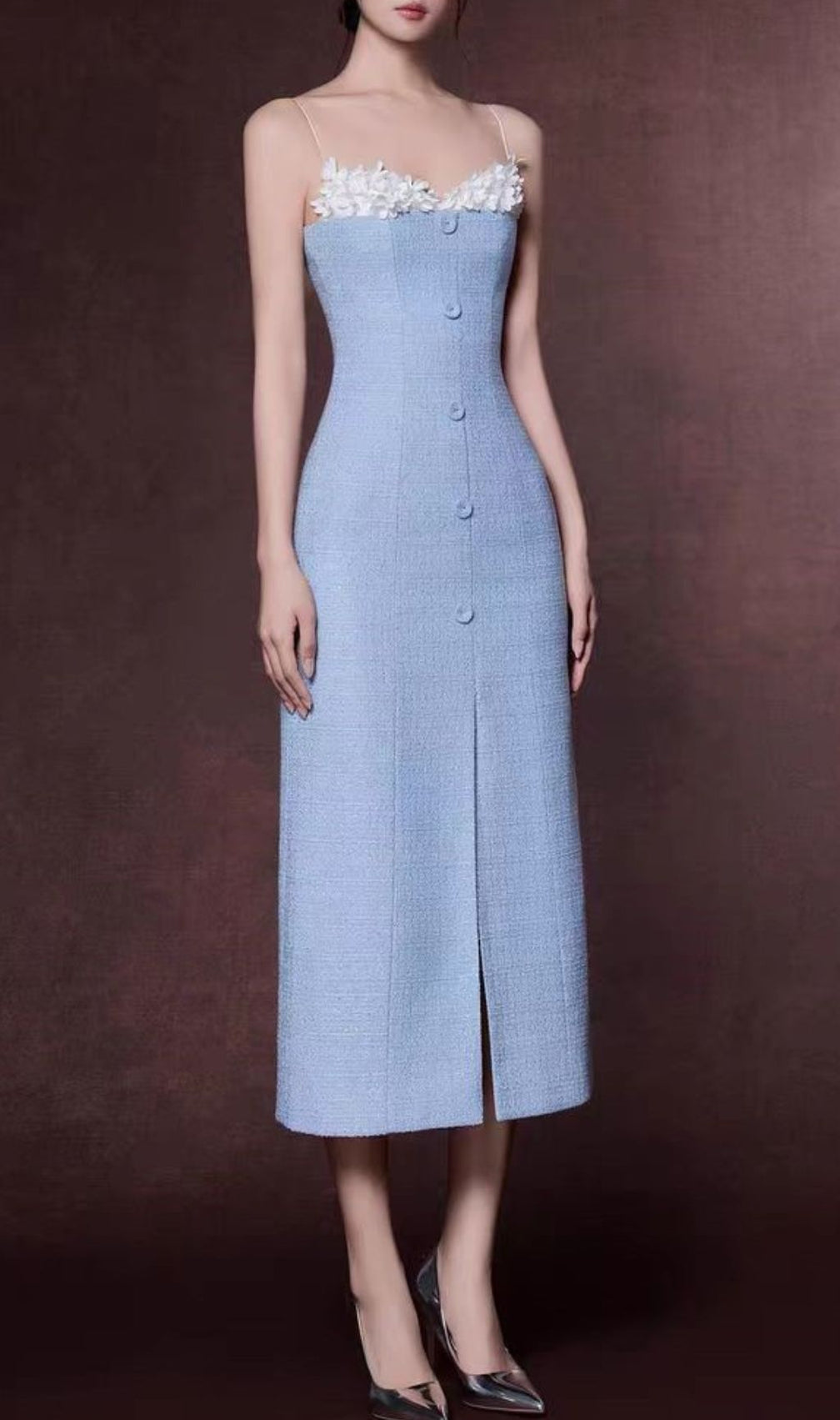 Juana Blue Floral Tweed Strappy Slit Midi Dress - Elegant Wedding Guest & Cocktail Attire