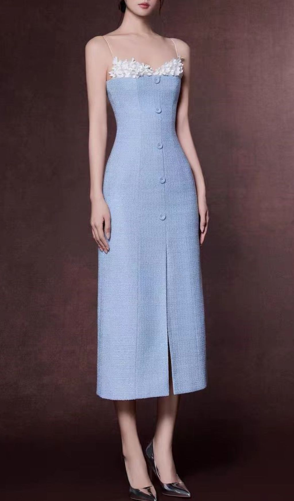 Juana Blue Floral Tweed Strappy Slit Midi Dress - Elegant Wedding Guest & Cocktail Attire