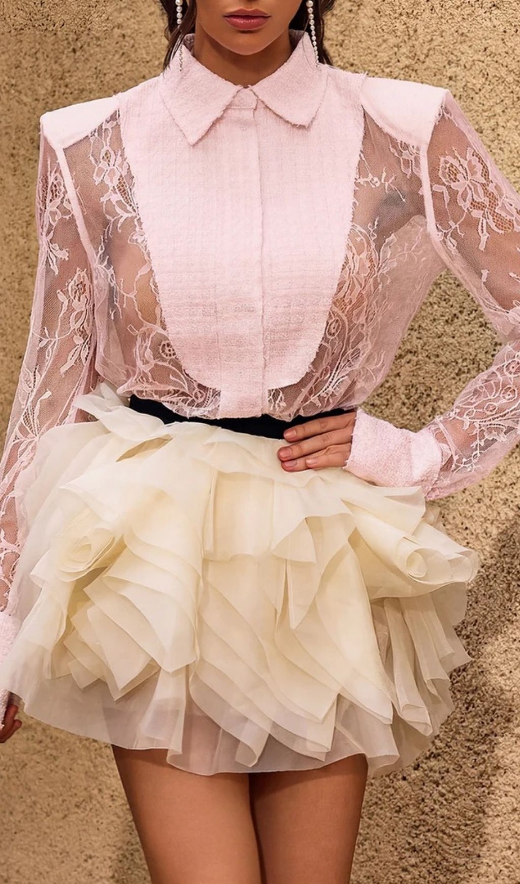 Chasya Elegant Pink Lace & Tweed Sheer Long Sleeve Blouse
