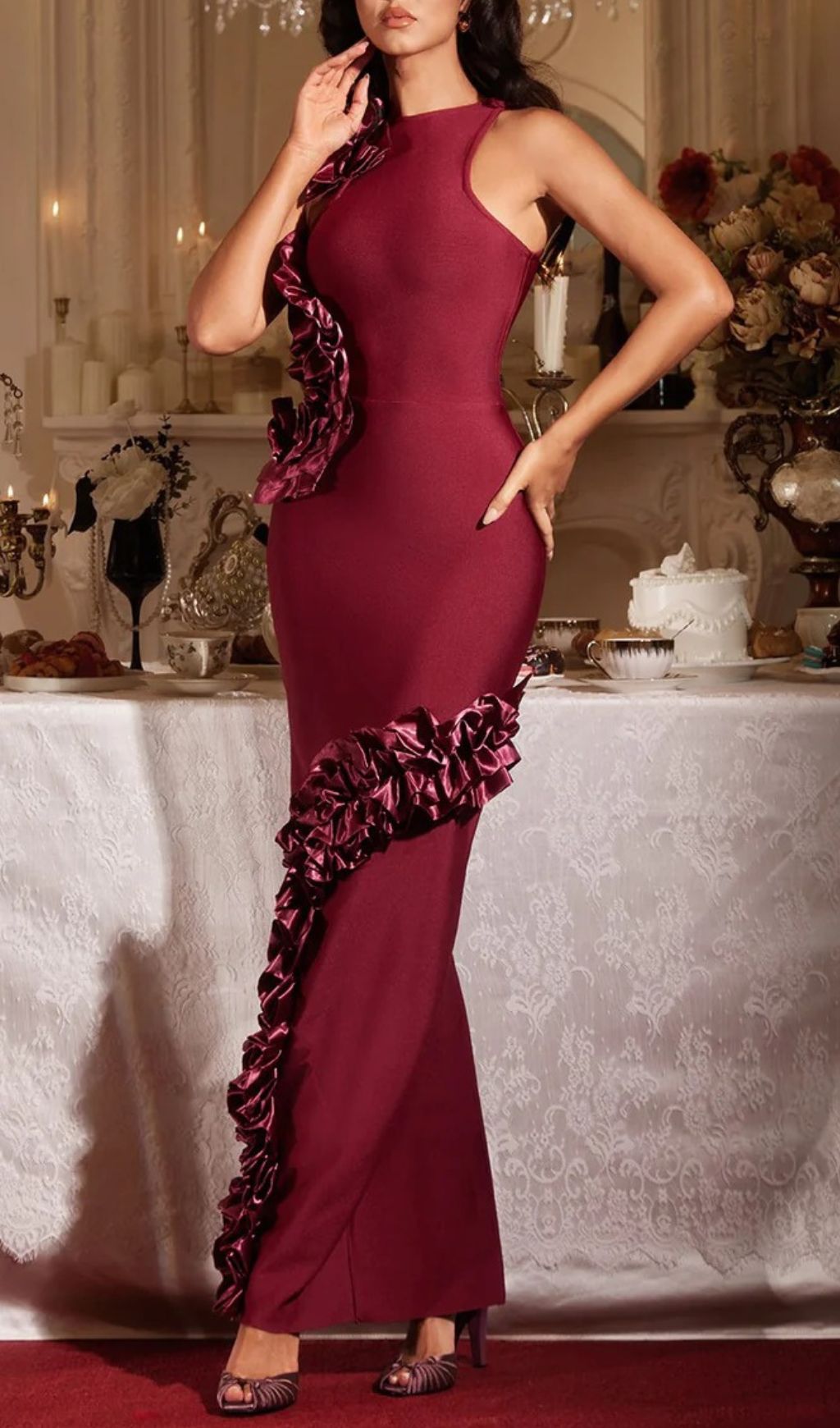 Filipe Elegant Burgundy Ruffle Bandage Maxi Dress - Sleeveless Bodycon Evening Gown