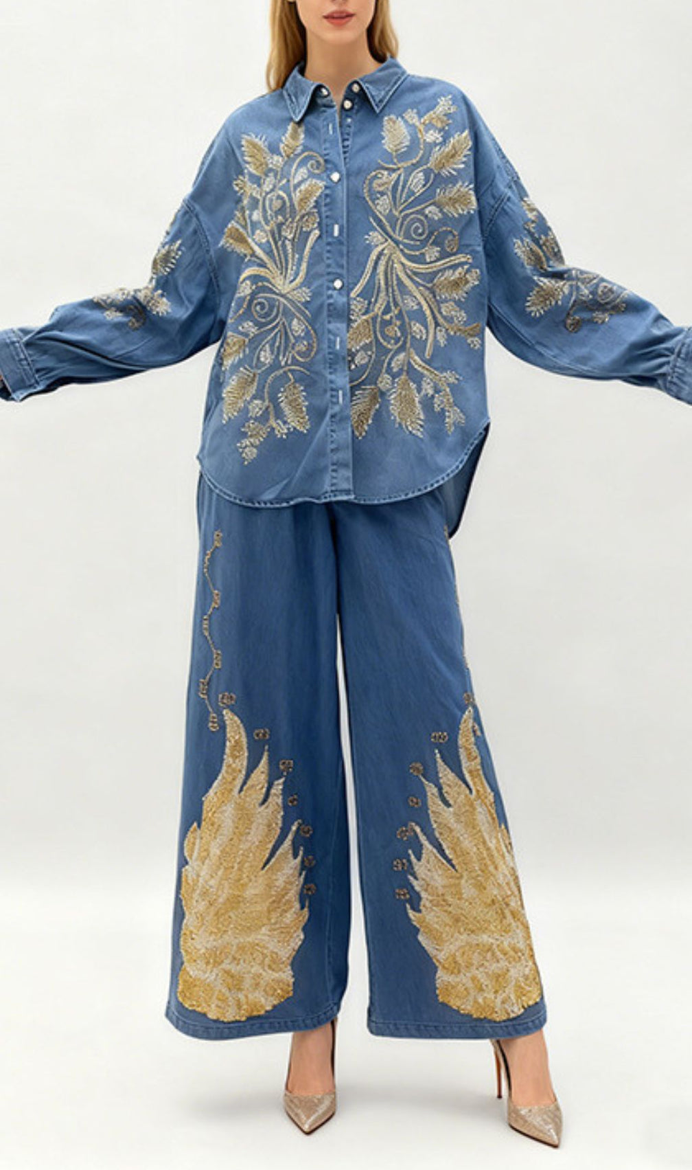 Jena Artisan Embroidered Denim Set - Women's Boho Chic Wide-Leg Pants & Shirt