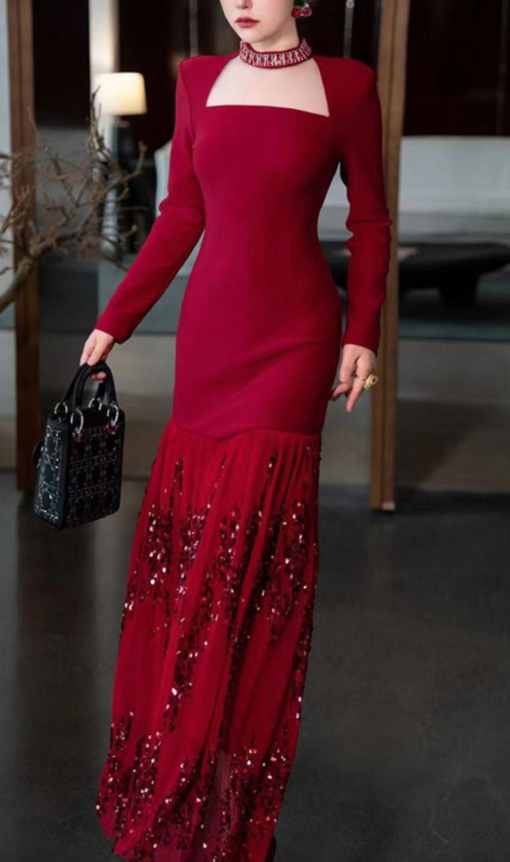 Ioana Glamorous Red Sequin Long Sleeve Maxi Dress - Elegant Square Neck Evening Gown