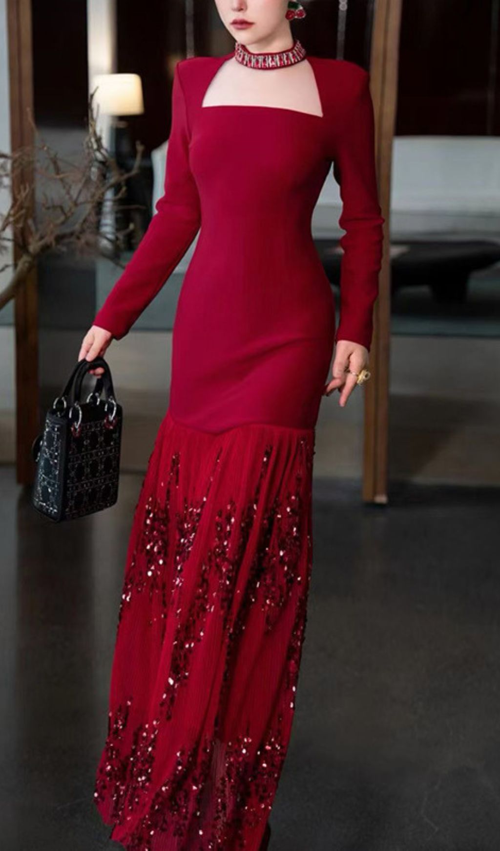 Ioana Glamorous Red Sequin Long Sleeve Maxi Dress - Elegant Square Neck Evening Gown