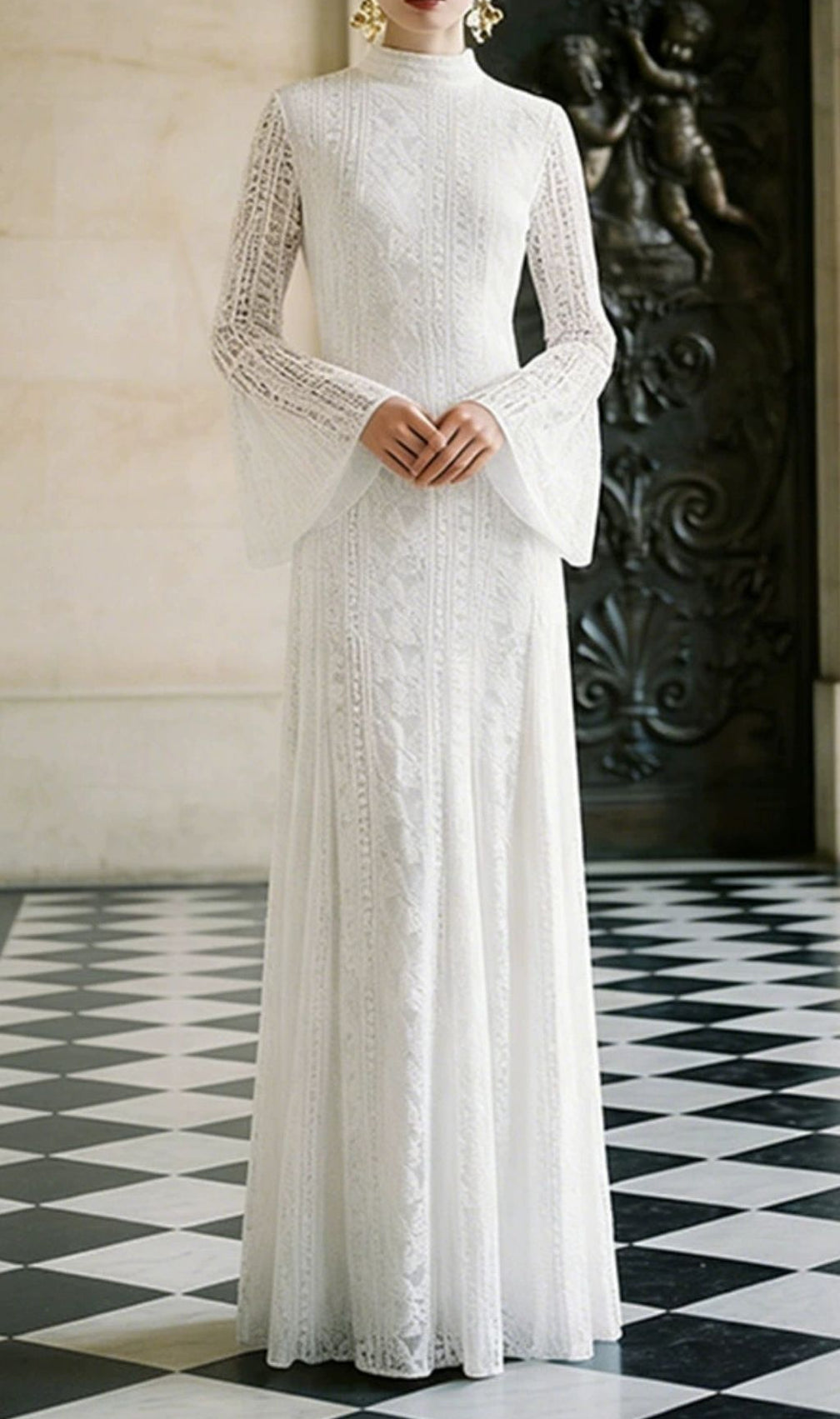 Kiyoko White Flared Long Sleeve Lace Maxi Dress
