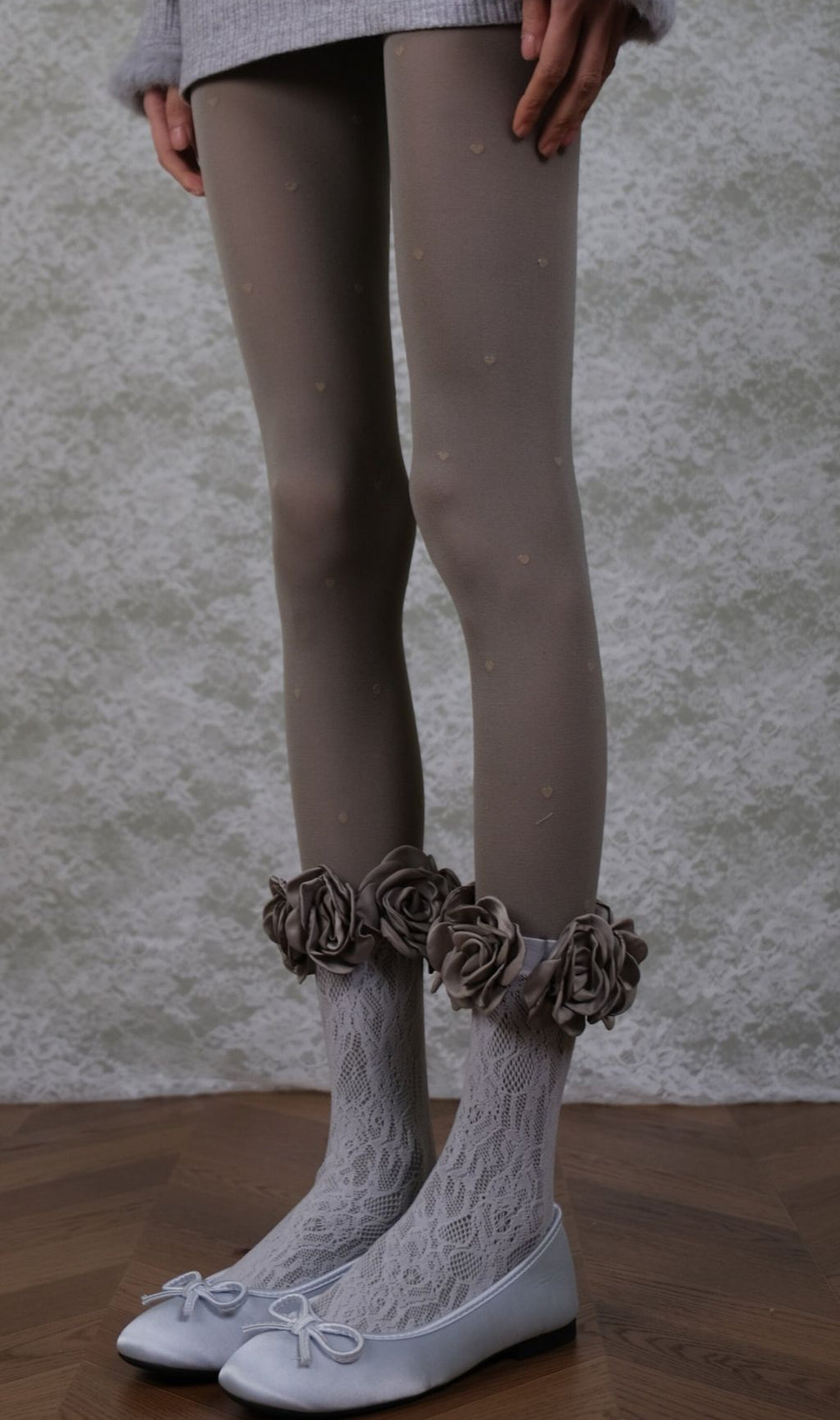 Romantic Coquette: Grey Heart Tights, Rose Lace Socks & Ankle Cuffs Set