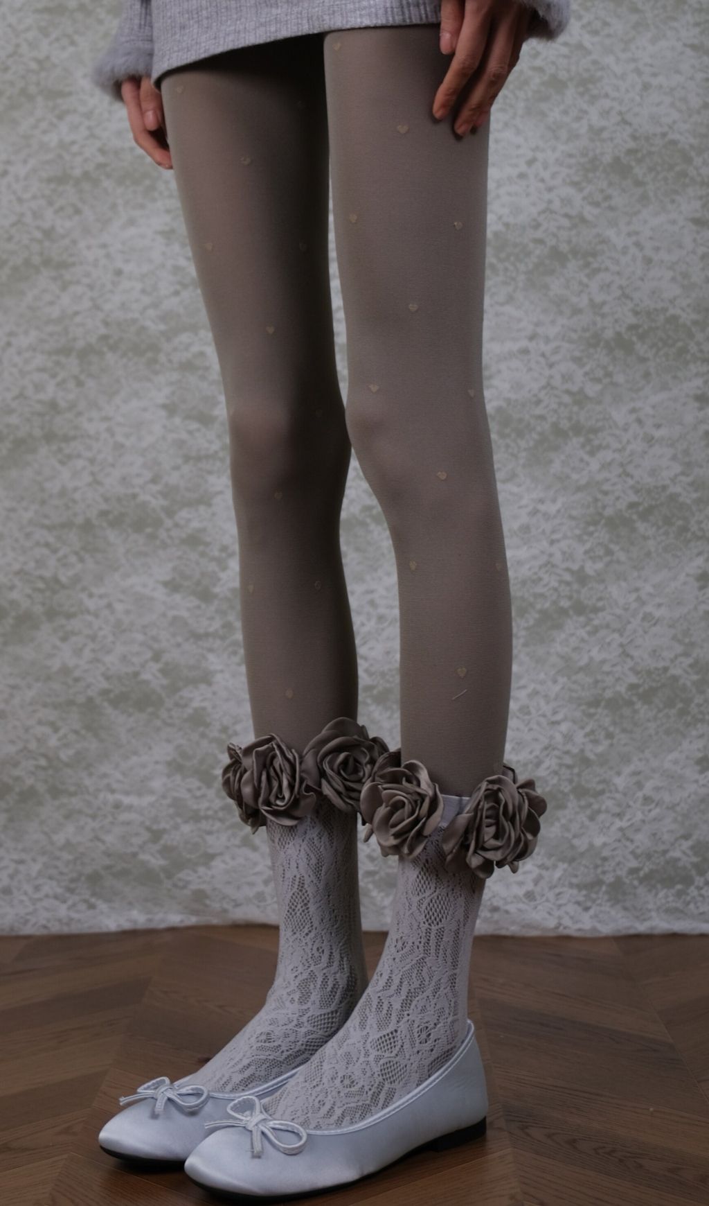 Romantic Coquette: Grey Heart Tights, Rose Lace Socks & Ankle Cuffs Set
