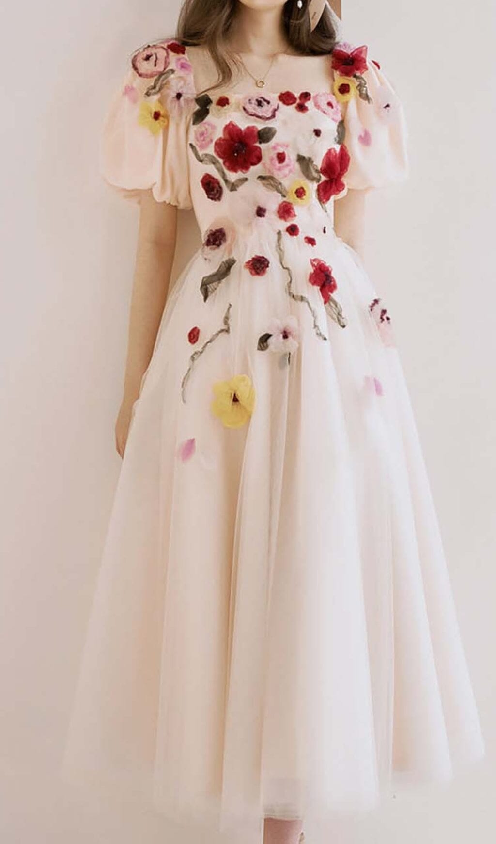 Flowers Print Puff Sleeve Midi Dress In Pink