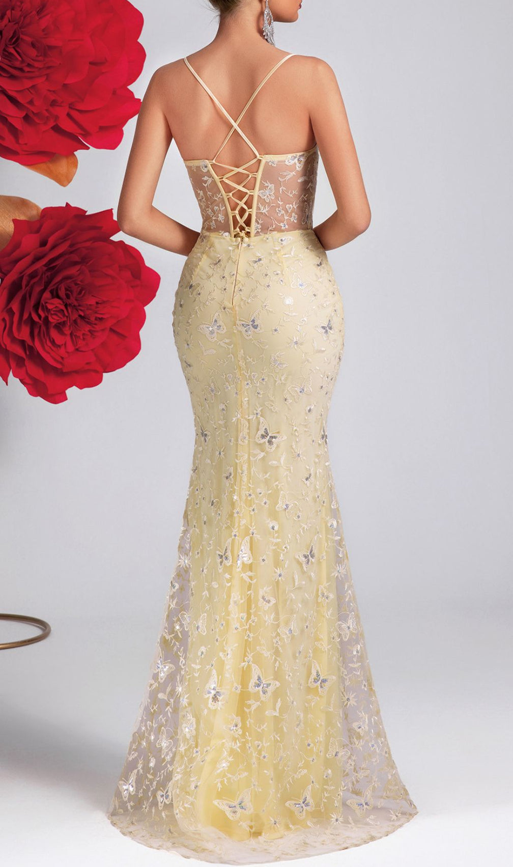 Enchanting Yellow Butterfly Corset Maxi Dress | Elegant Gala & Wedding Guest Gown