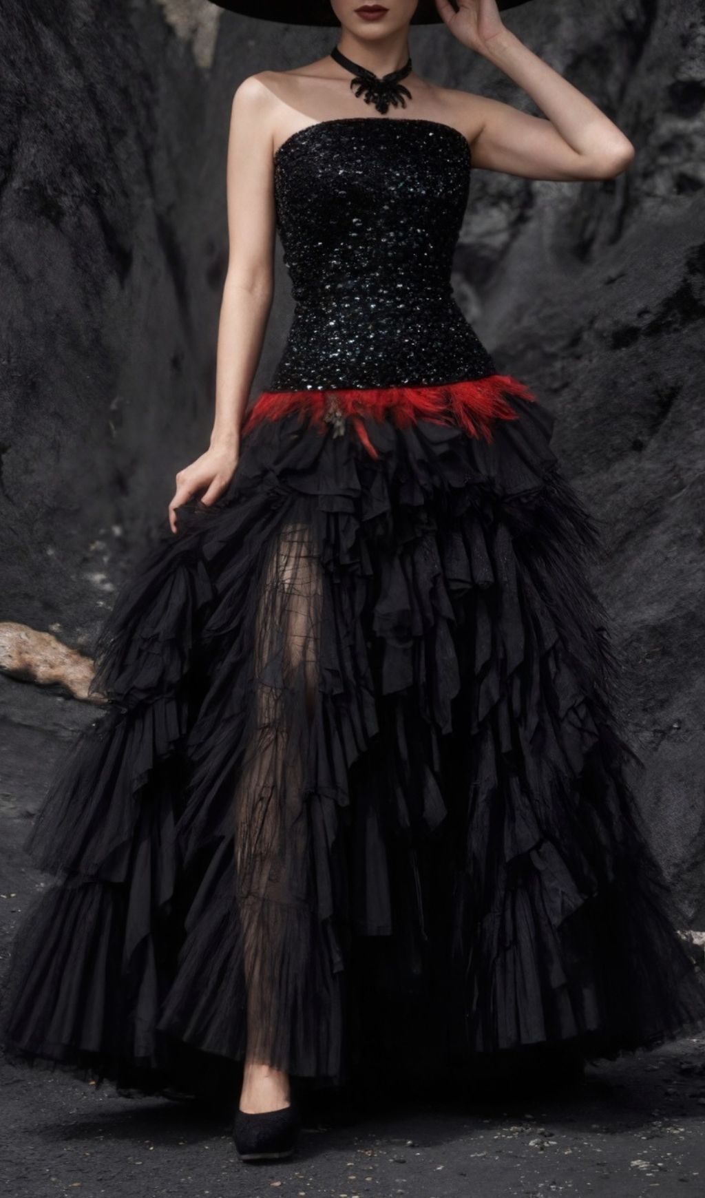 Jainna Black Sequin & Red Feather Strapless Mesh Maxi Gown - Evening Glamour