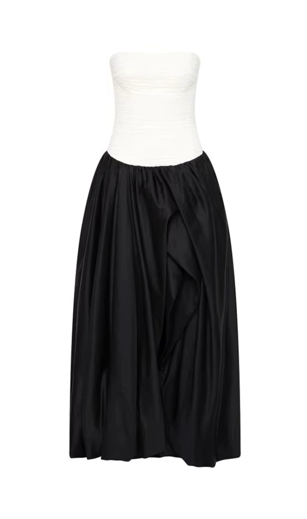 Strapless Ruched Puff Maxi Dress Black White