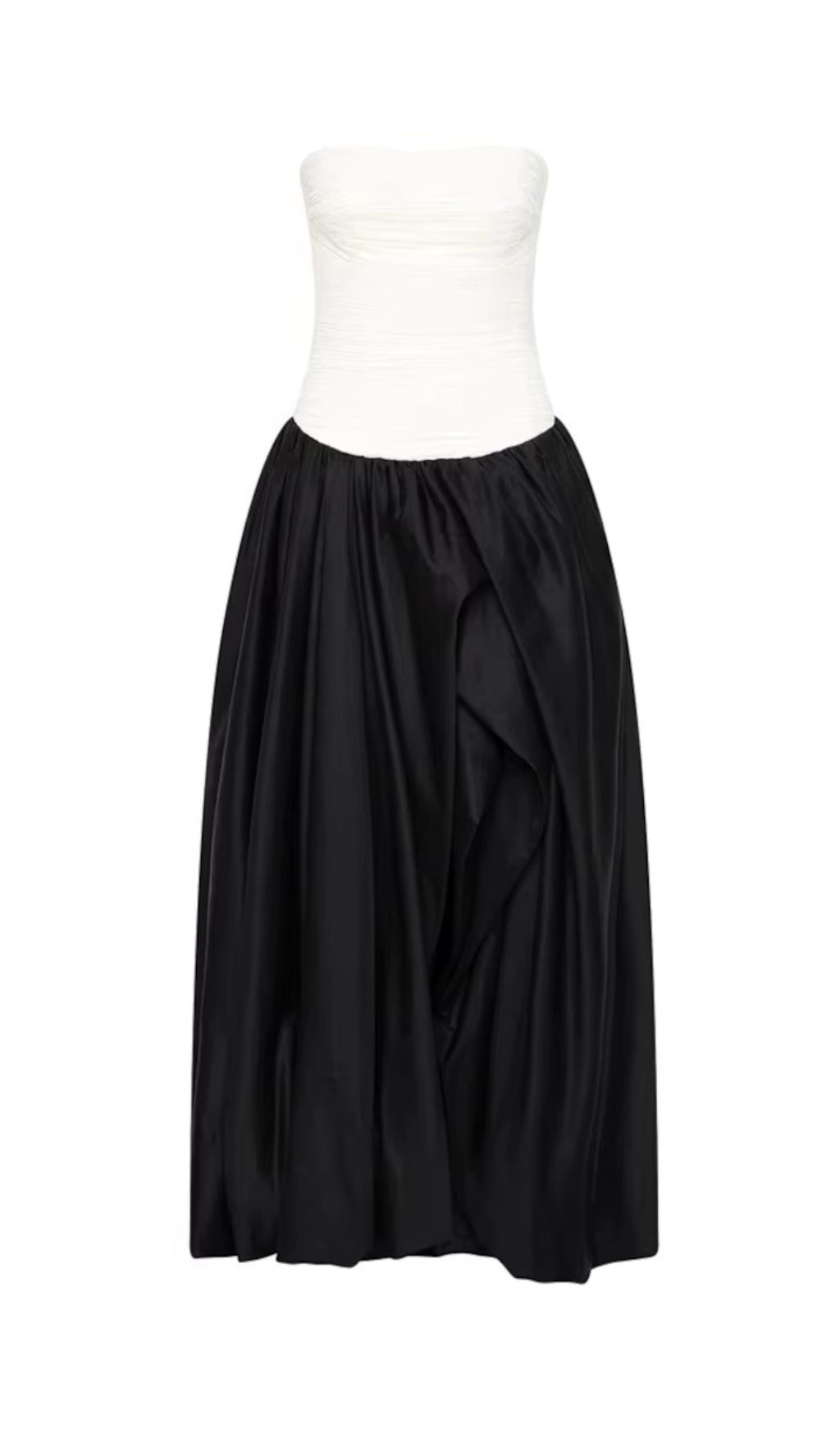 Strapless Ruched Puff Maxi Dress Black White
