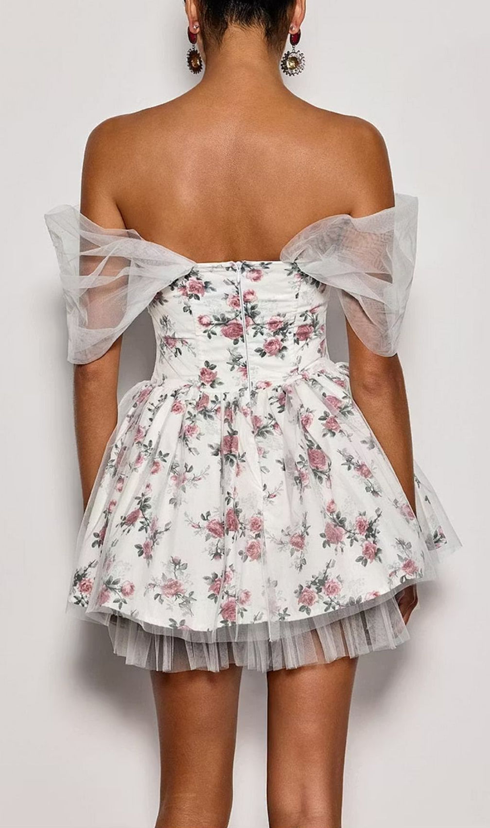 Quaris Off Shoulder Flower Tulle Mini Dress In White