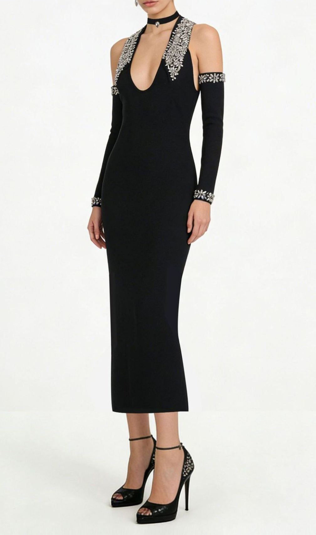 Jeneal Black Halter Diamante Midi Bandage Dress