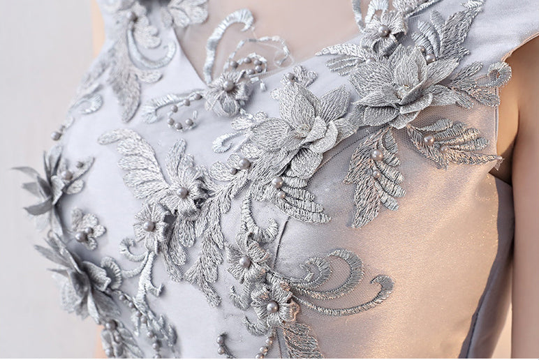 Gray Lace Appliqué Midi Dress