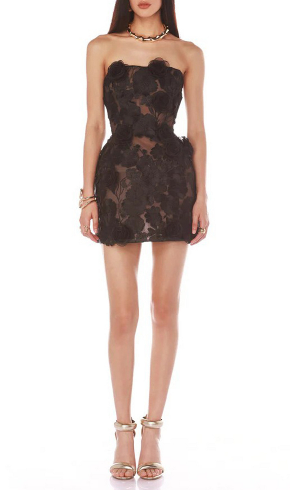 Enya Black Strapless Flower Mini Dress
