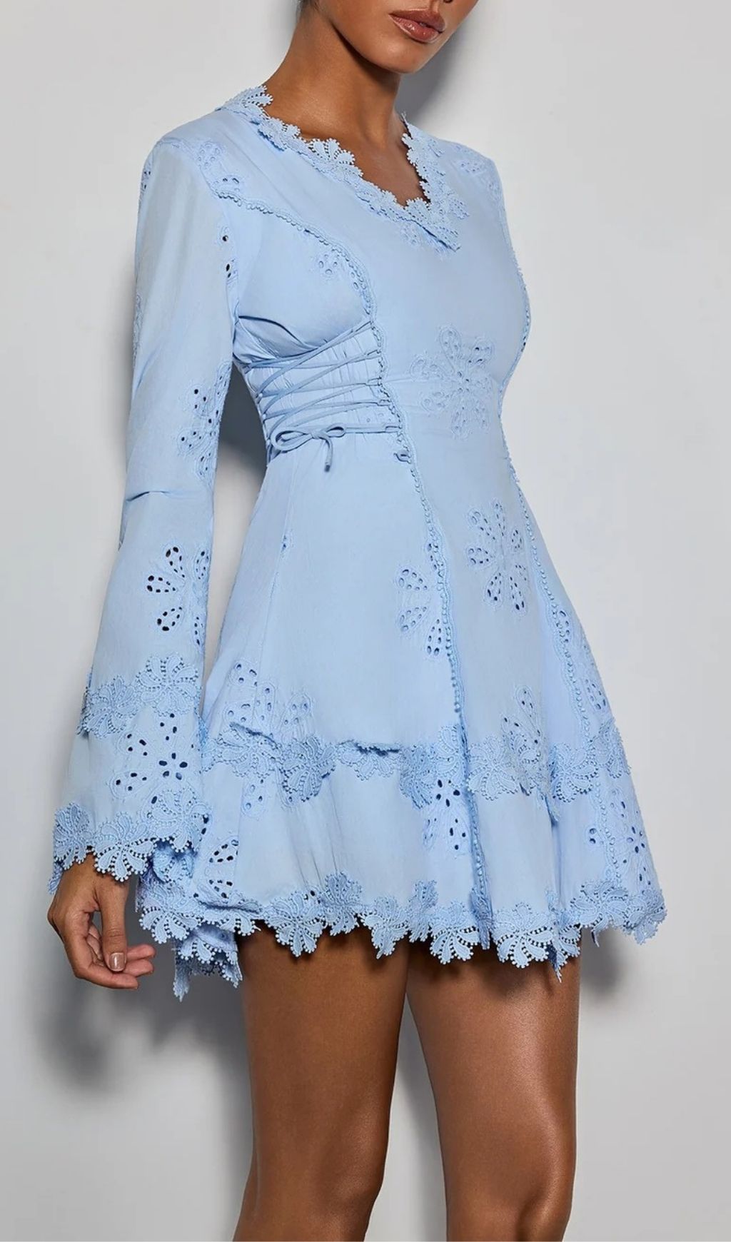 Delicia Romantic Baby Blue Eyelet Mini Dress | Flare Sleeve & Corset Detail