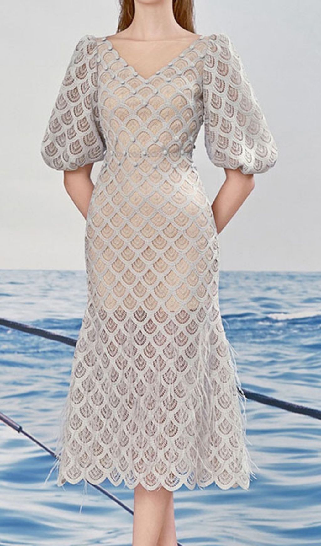 Ciara Elegant Scallop Lace Puff Sleeve Midi Dress - Wedding Guest & Cocktail Gown