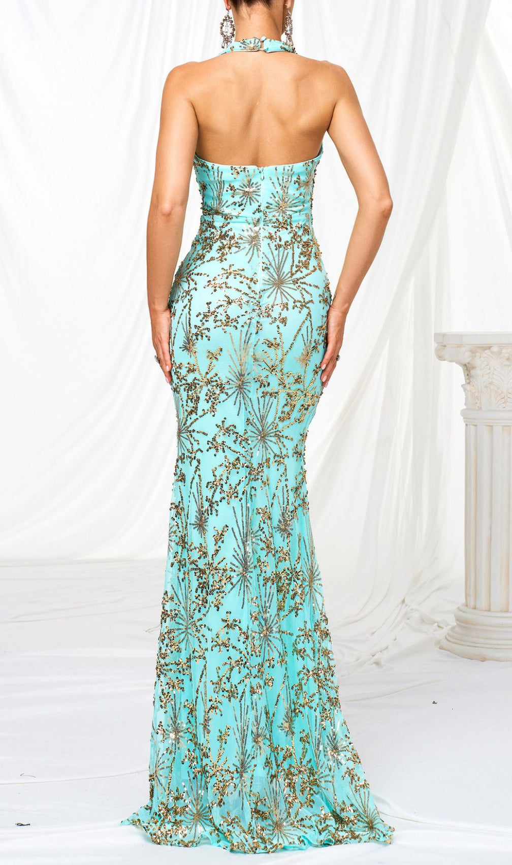 Fiadh Green Halter Sequin Slit Maxi Dress