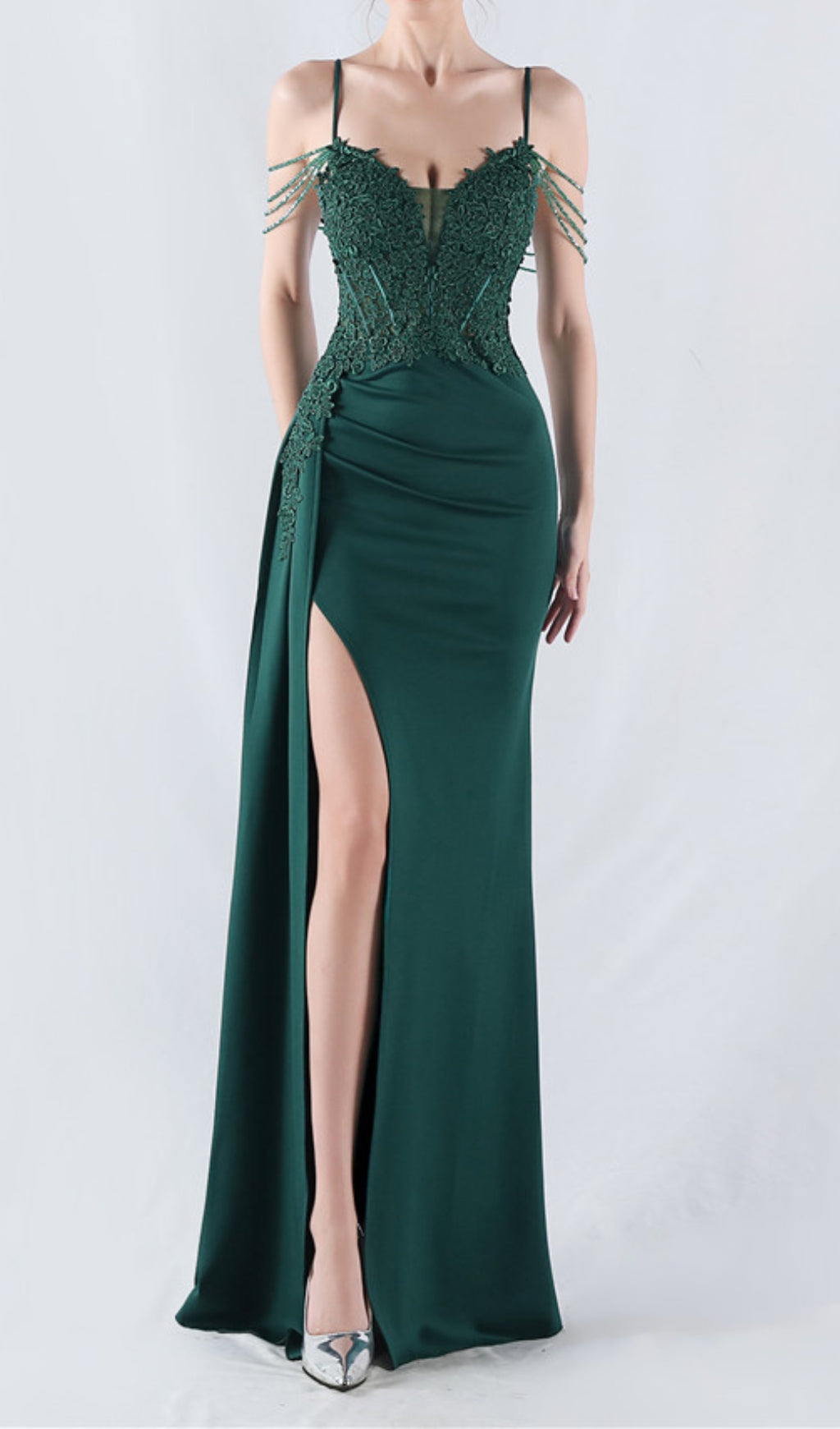Chofa Green Flower Bead Corset Maxi Dress