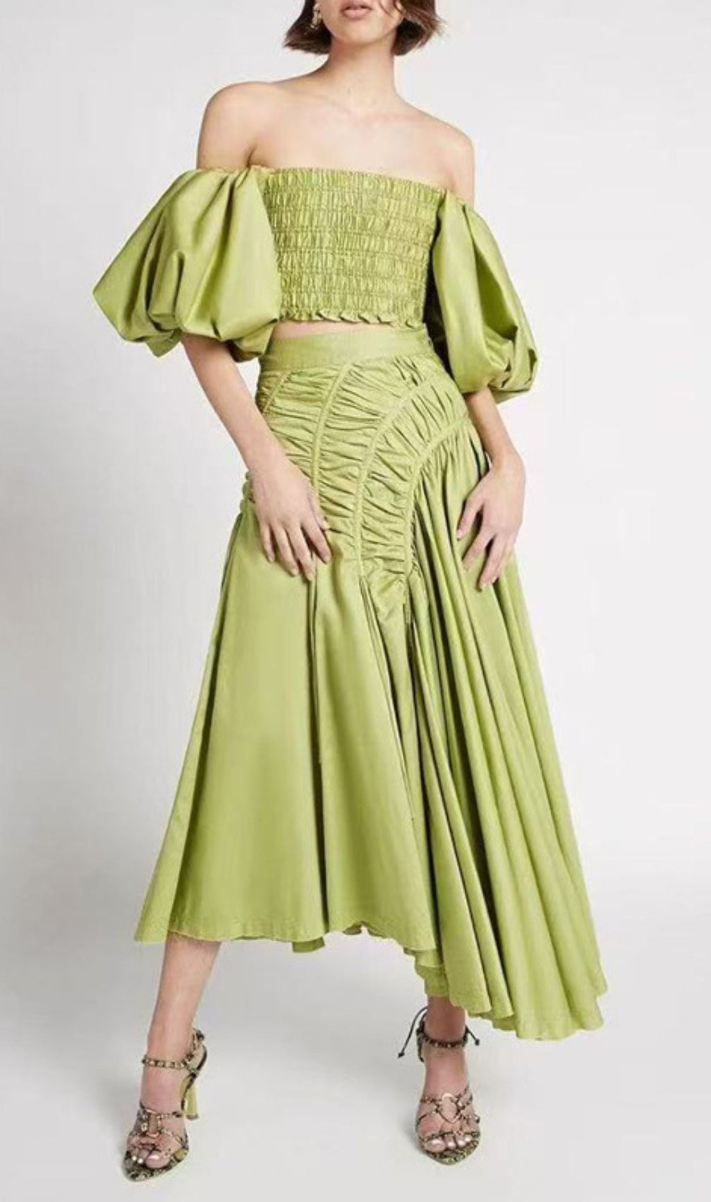 Vibrant Lime Green Puff Sleeve Crop Top & Ruched Maxi Skirt Set | Ivo Two-Piece