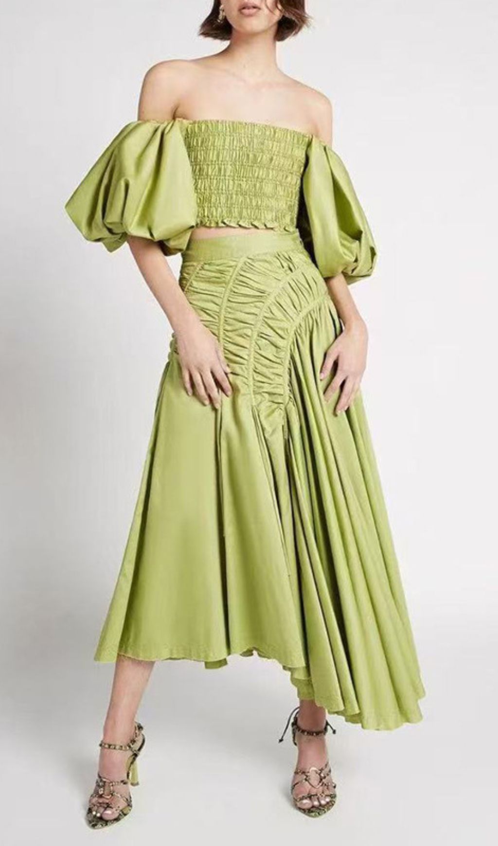 Vibrant Lime Green Puff Sleeve Crop Top & Ruched Maxi Skirt Set | Ivo Two-Piece