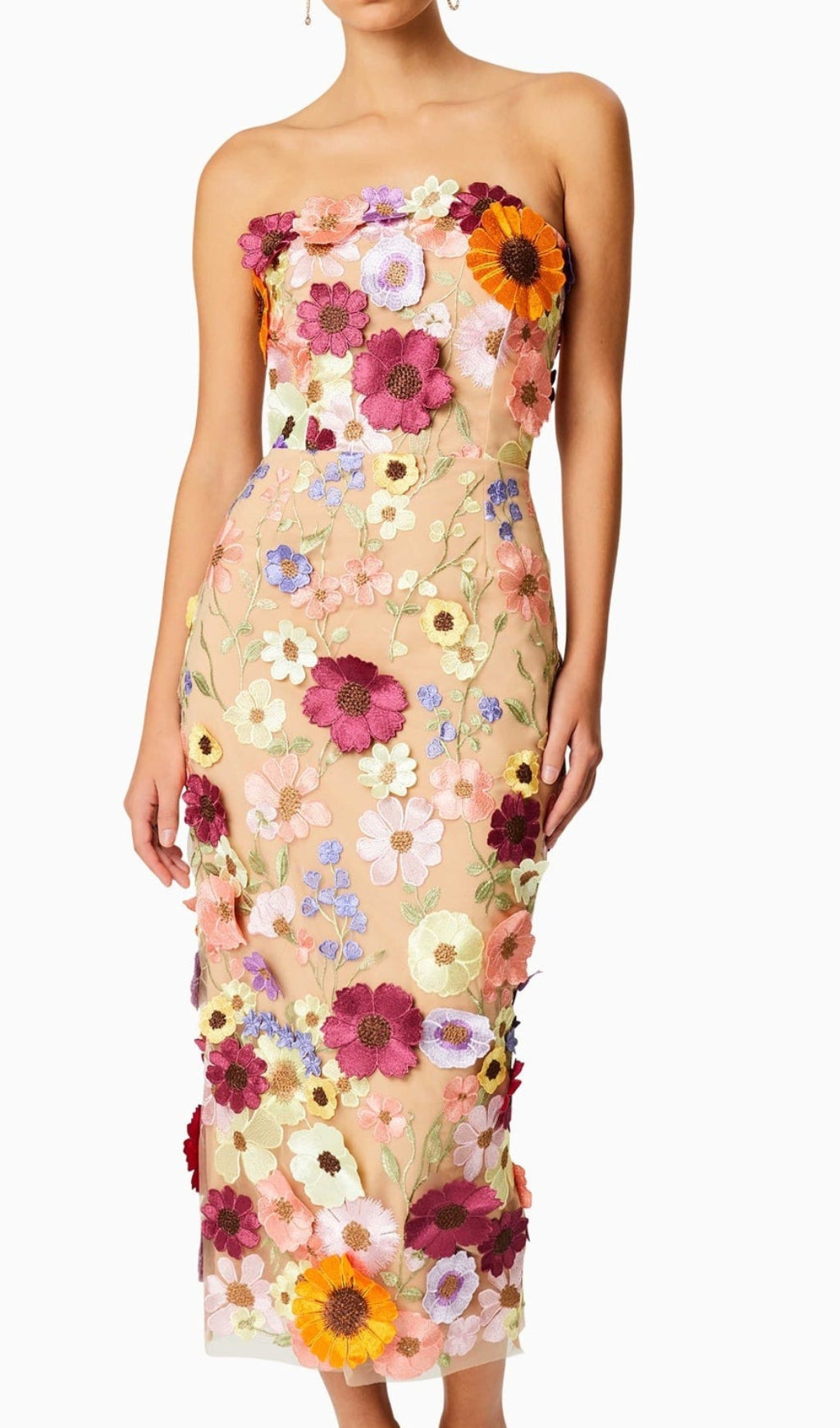 Adonica 3D Flower Strapless Midi Dress
