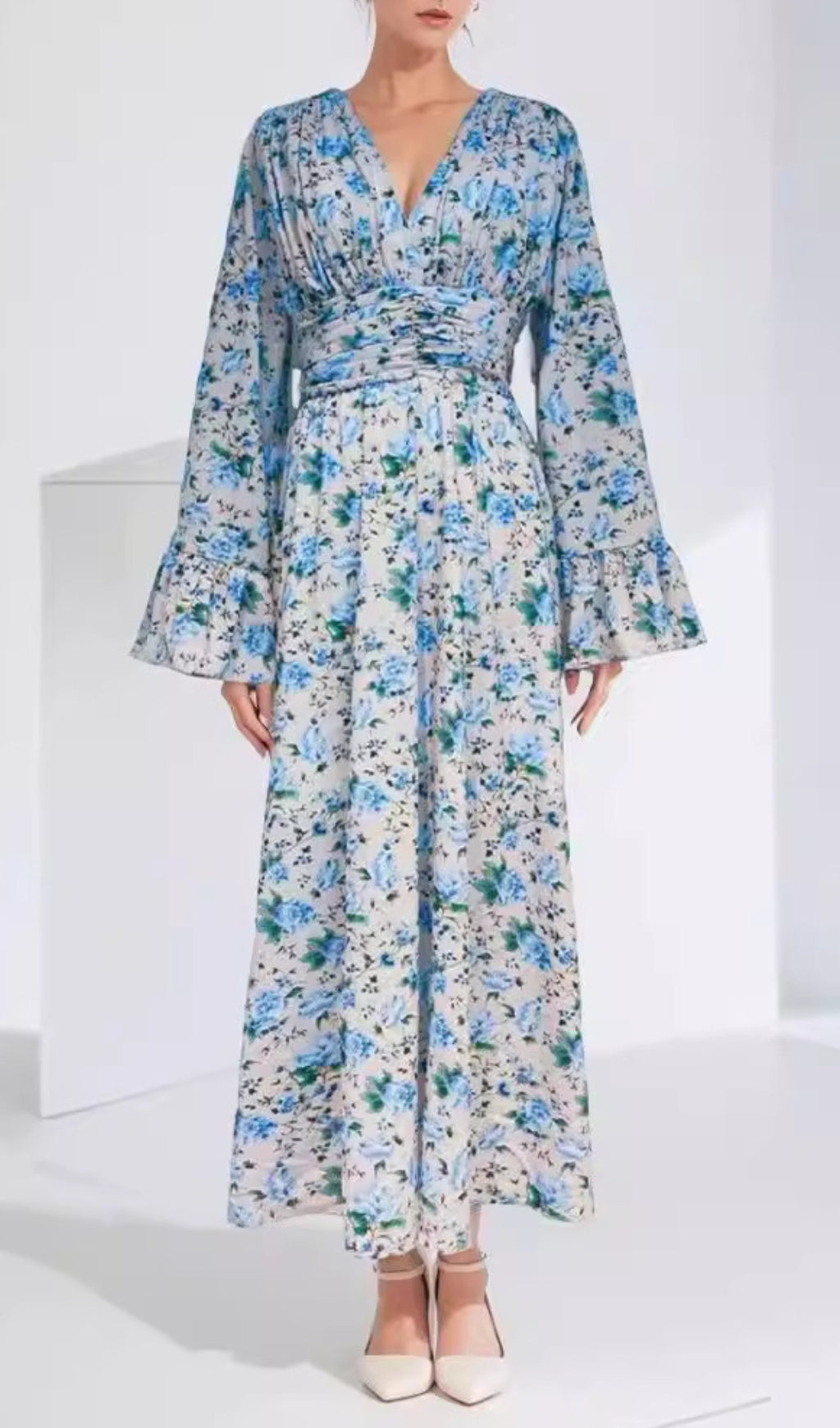 Aracely Blue V-Neck Floral Maxi Dress