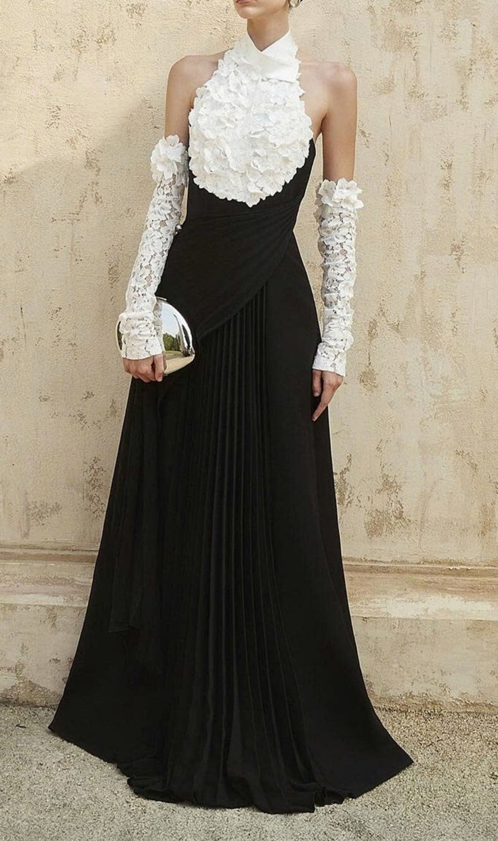 Kavi Elegant Black & White Halter Ruffle Pleated Maxi Dress