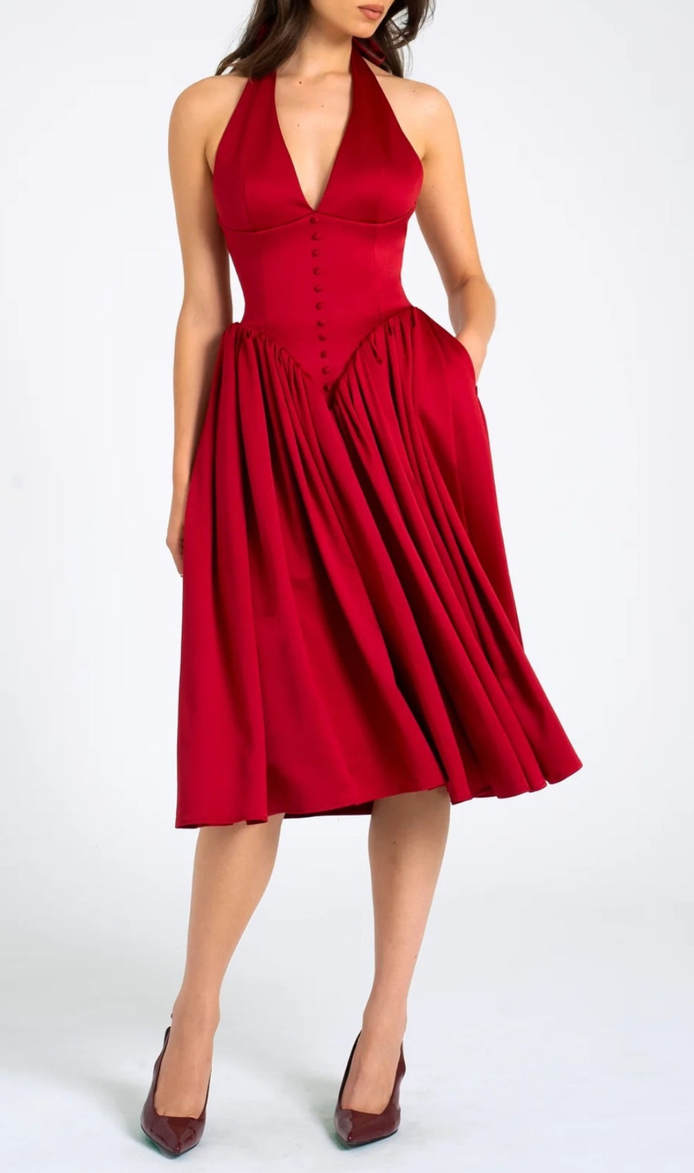 Chrissy Red Plunging Halter Backless Maxi Dress