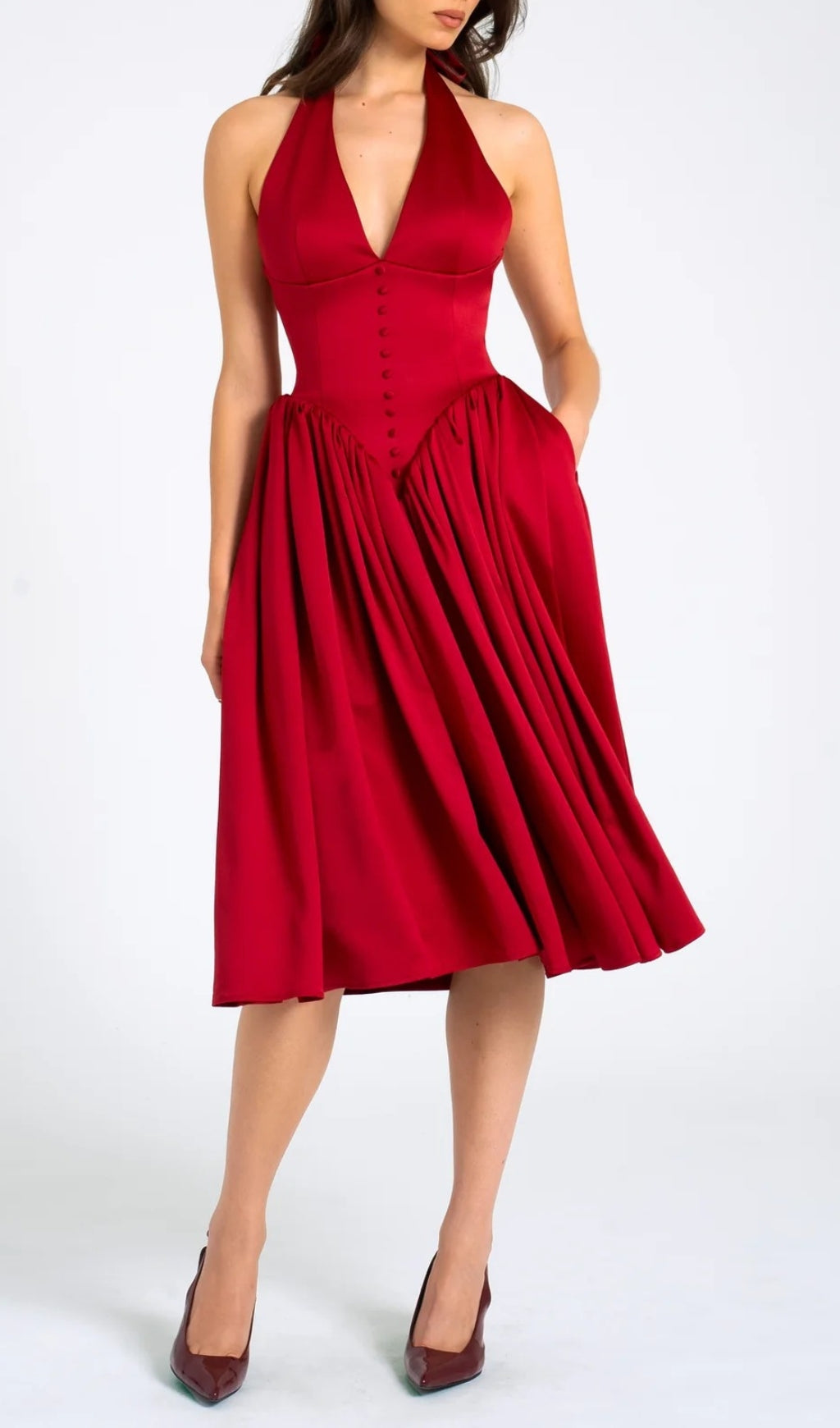 Chrissy Red Plunging Halter Backless Maxi Dress
